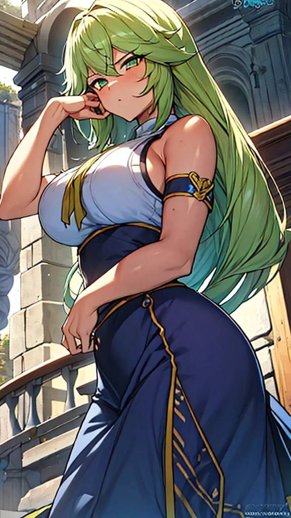 ANIME , high detailed
1 chunky girl, long hair, blue-green hair, yellow eyes, angry face, busty, round buson, gorgeous chunky body, yellow Sattela' clothes, Very large blue Long skirt, large knife in hands, Dynamic action position, action pose