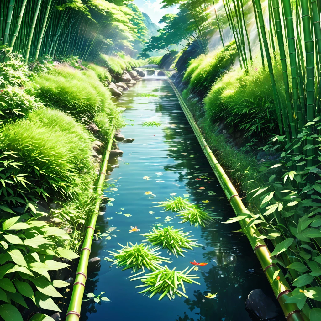 which is a summer tradition of Japan, Nagashi somen, Bamboo Gutter, Somen, Clear Stream, Lush valleys, Sunlight filtering through the trees, Cool scenery, Families, Children's smile, Dip in soup, Scooping the noodles, Summer vacation, Original Japanese Landscape, Nostalgic, Digital interface, Futuristic Technology, 光るSomen, Fusion of nature and technology, Photorealistic, Art Station Quality, High resolution, Detailed texture, 8K, Concept Art, Instagram Post