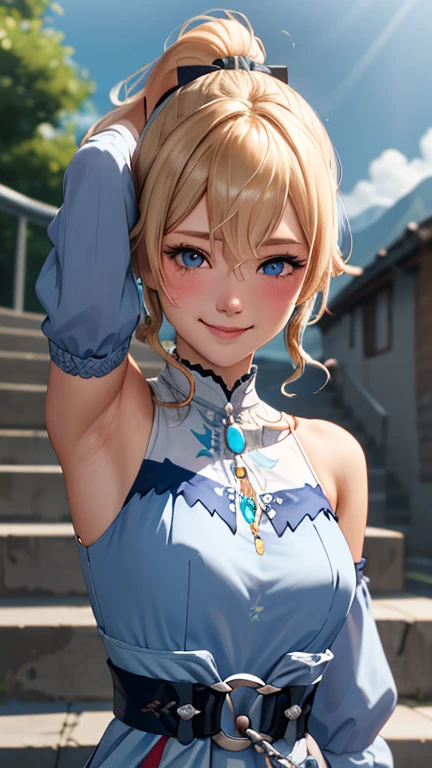 jeanseabreeze, upper body, smile, blush, outdoors, day, simple background, blue sky, short hair, sky, temple, looking at viewer, stairs, mountain, moody lighting, armpits, armpits crease