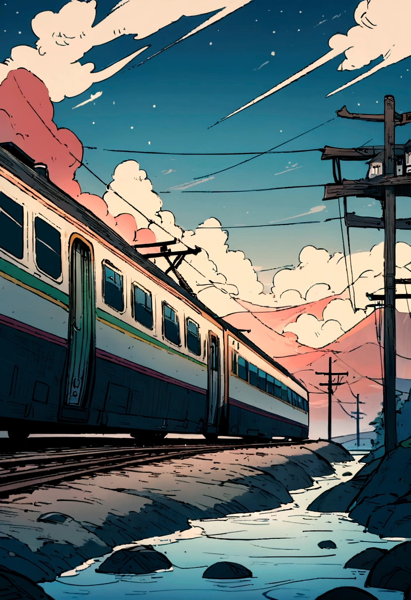 High quality masterpiece ，landscape，Animated train passing through water on the tracks， Brilliant night sky。Romantic Train，Pixiv，Concept Art，Lofi Artスタイル，Reflective plate。 by Makoto Shinkai, Lofi Art, Beautiful anime scene, アニメのlandscape, 詳細なlandscape —幅672, in Makoto Shinkai&#39;s Style, Makoto Shinkai&#39;s Style，Detail enhancements。