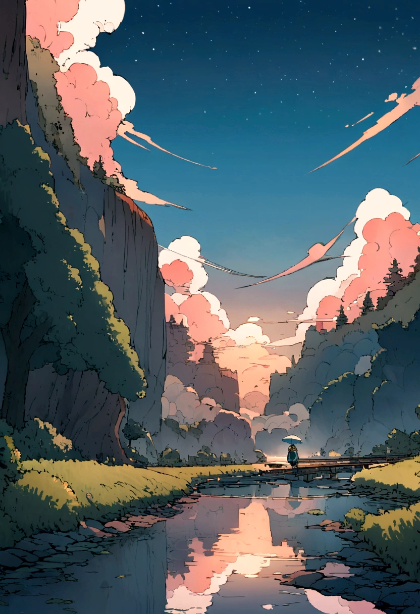 High quality masterpiece ，landscape，Animated train passing through water on the tracks， Brilliant night sky。Romantic Train，Pixiv，Concept Art，Lofi Artスタイル，Reflective plate。 by Makoto Shinkai, Lofi Art, Beautiful anime scene, アニメのlandscape, 詳細なlandscape —幅672, in Makoto Shinkai&#39;s Style, Makoto Shinkai&#39;s Style，Detail enhancements。