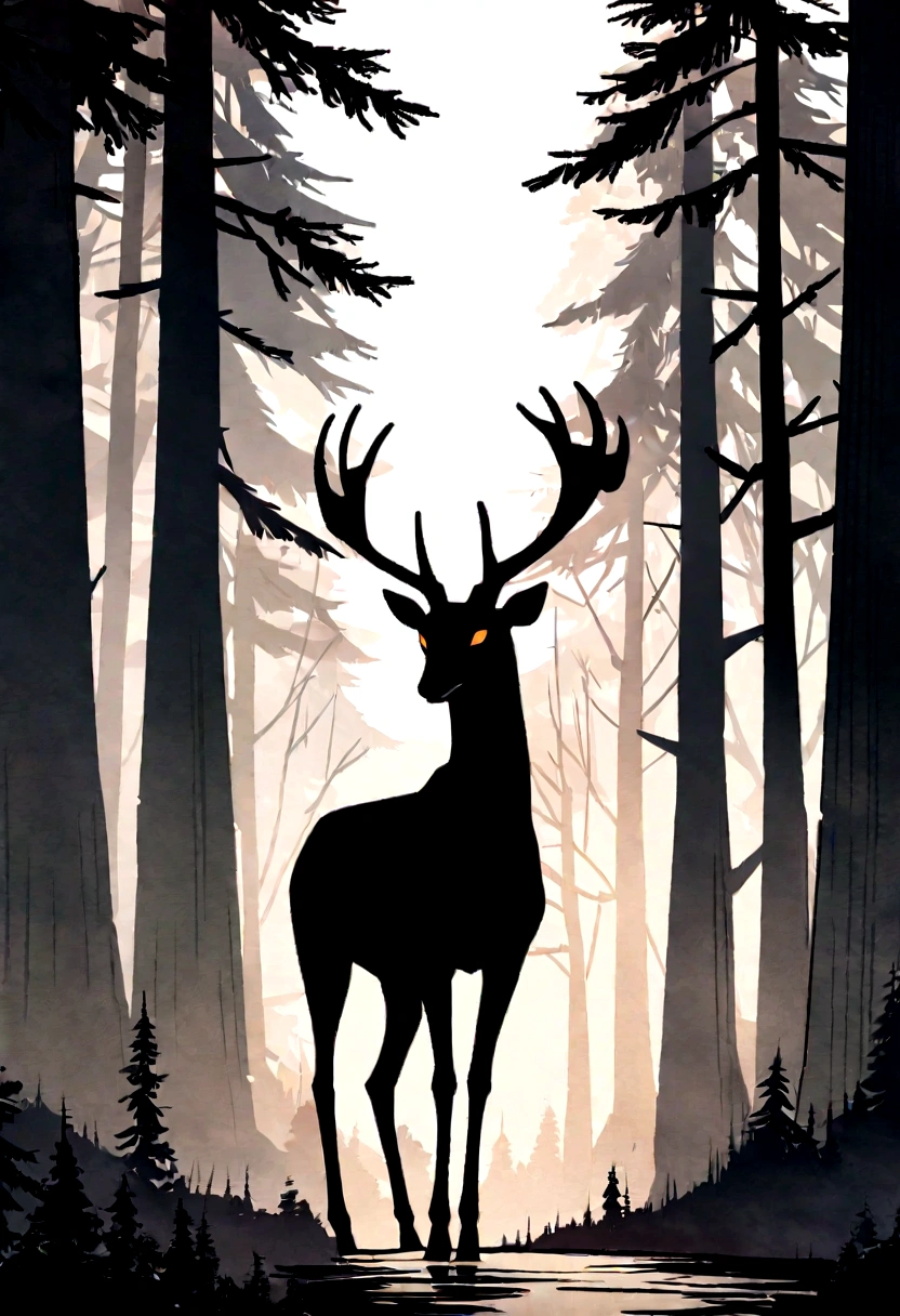A captivating high-definition vector design featuring a vintage, grunge-inspired hunting scene. A deer stands majestically among towering pine trees, its gaze focused on the distant forest floor. In the background, a vintage rifle scope at the deer. The overall color palette is muted, with the nostalgic vintage effect adding a touch of timeless charm. The stark white background accentuates the design's contrast and impact, making it a truly distinctive and memorable statement piece.