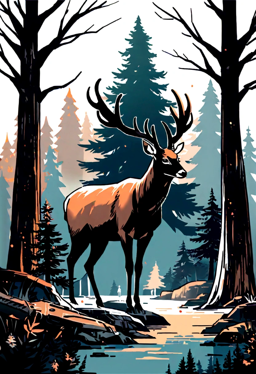 A captivating high-definition vector design featuring a vintage, grunge-inspired hunting scene. A deer stands majestically among towering pine trees, its gaze focused on the distant forest floor. In the background, a vintage rifle scope at the deer. The overall color palette is muted, with the nostalgic vintage effect adding a touch of timeless charm. The stark white background accentuates the design's contrast and impact, making it a truly distinctive and memorable statement piece.