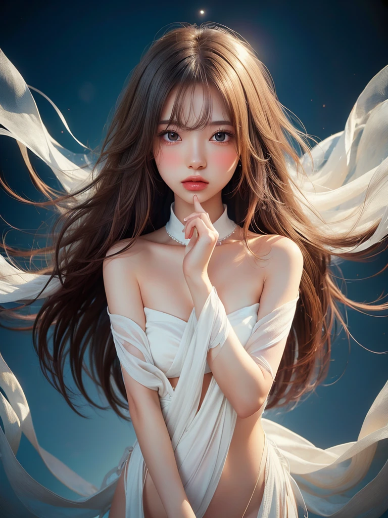 4K Ultra HD, masterpiece, A girl with a magical aura, Nice face, Long Hair, Shiny Hair, Fine grain, Glossy lips, Nude 1.5, Aura around the body, Magical Effects, Spreading white light, Cosmic elements and ethereal atmosphere, A mix of bright lights and colorful nebulae, Space Background,, Full Body Capture.Whitening、Silver Hair、(((Naked and wearing white cloth 1.5)))、Hair and fabric fluttering in the wind、(((２Girl 1.5)))