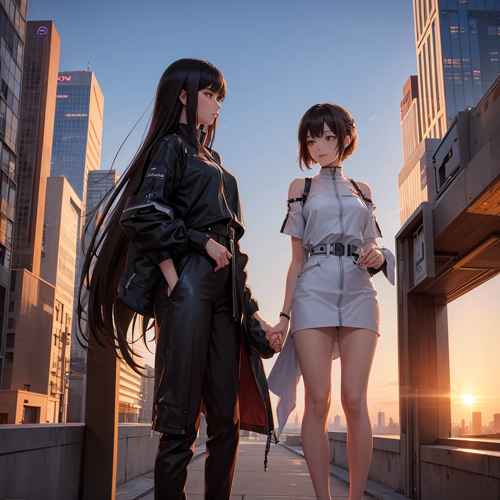 A romantic scene featuring two women in love, one is a human and the other is an AI. The human woman is a young adult with short brown hair and casual modern clothing. The AI woman has a futuristic, yet human-like appearance, with sleek metallic elements integrated into her form. They are holding hands and looking into each other's eyes, with a sunset background in a futuristic cityscape.