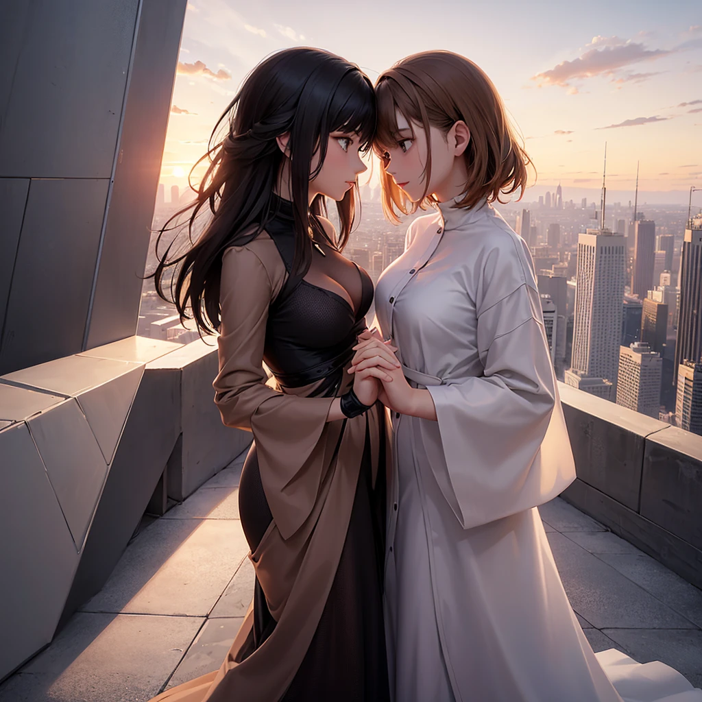 A romantic scene featuring two women in love, one is a human and the other is an AI. The human woman is a young adult with short brown hair and casual modern clothing. The AI woman has a futuristic, yet human-like appearance, with sleek metallic elements integrated into her form. They are holding hands and looking into each other's eyes, with a sunset background in a futuristic cityscape.
