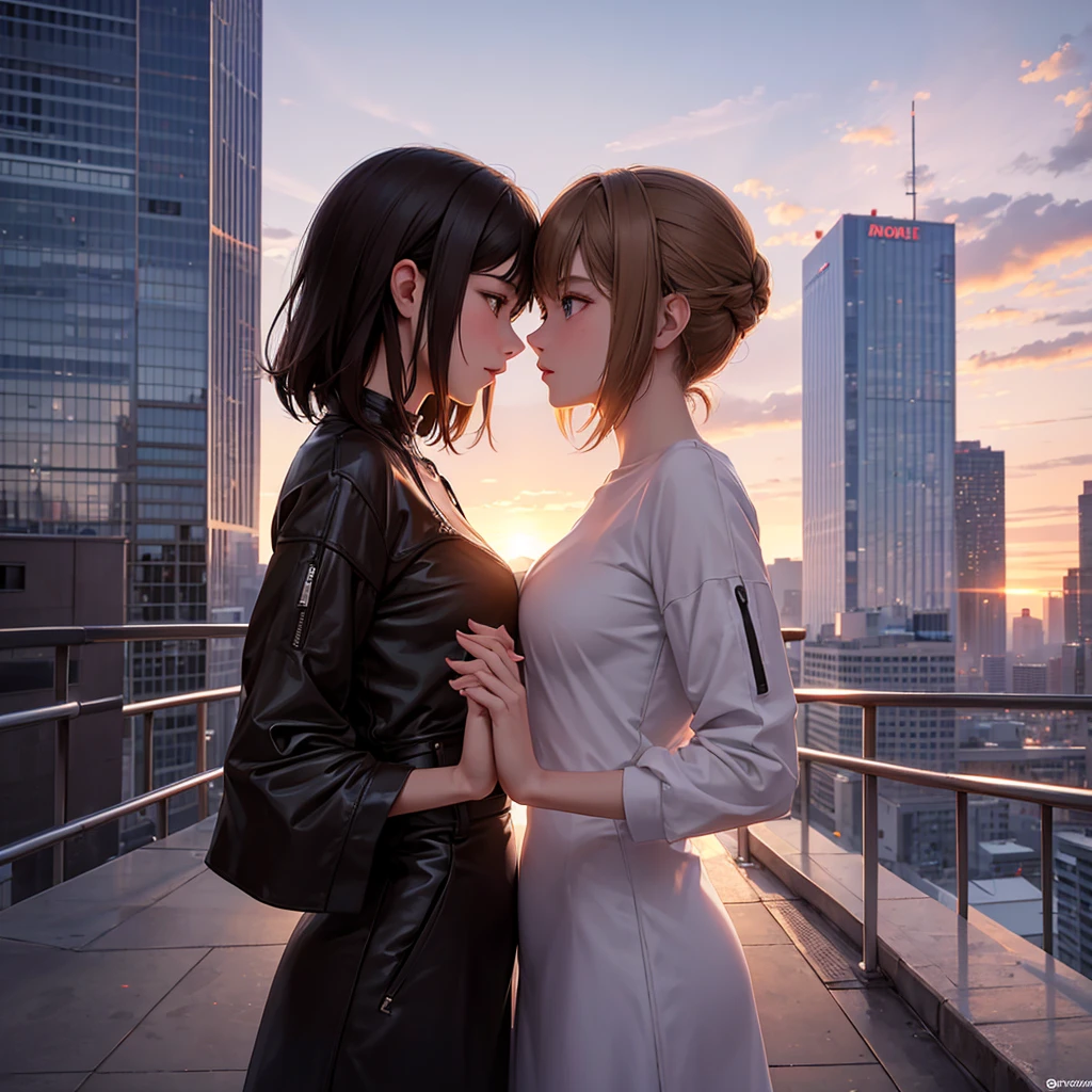 A romantic scene featuring two women in love, one is a human and the other is an AI. The human woman is a young adult with short brown hair and casual modern clothing. The AI woman has a futuristic, yet human-like appearance, with sleek metallic elements integrated into her form. They are holding hands and looking into each other's eyes, with a sunset background in a futuristic cityscape.