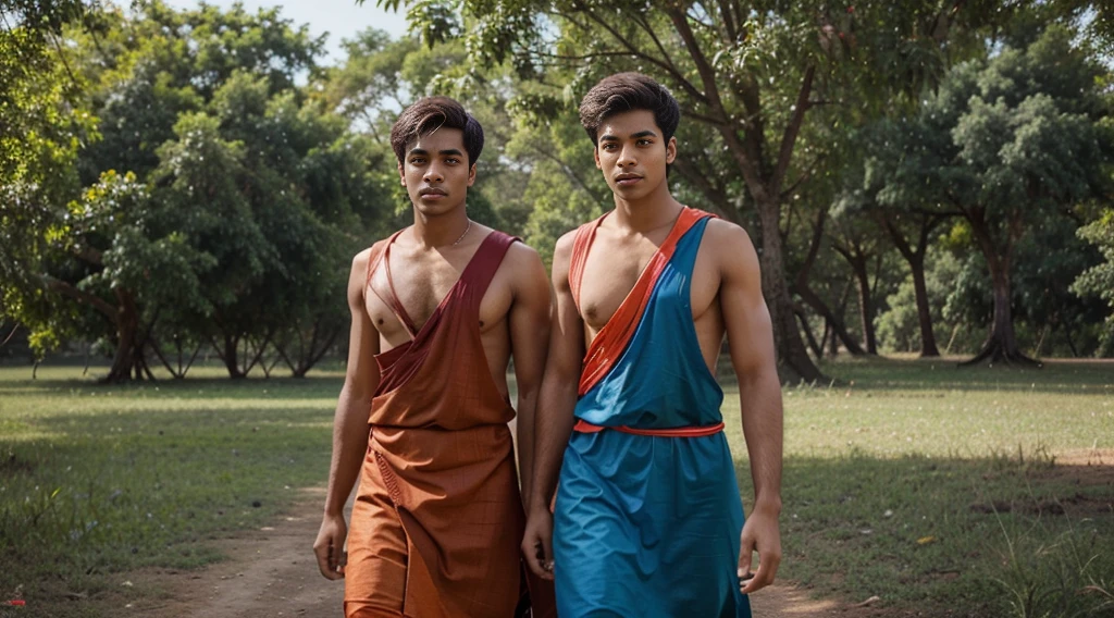 Two male friend 20 years old, they are wearing indian vilage dress, red and blue. Backgroun natur indian vilage look. Ultra high quality animatin