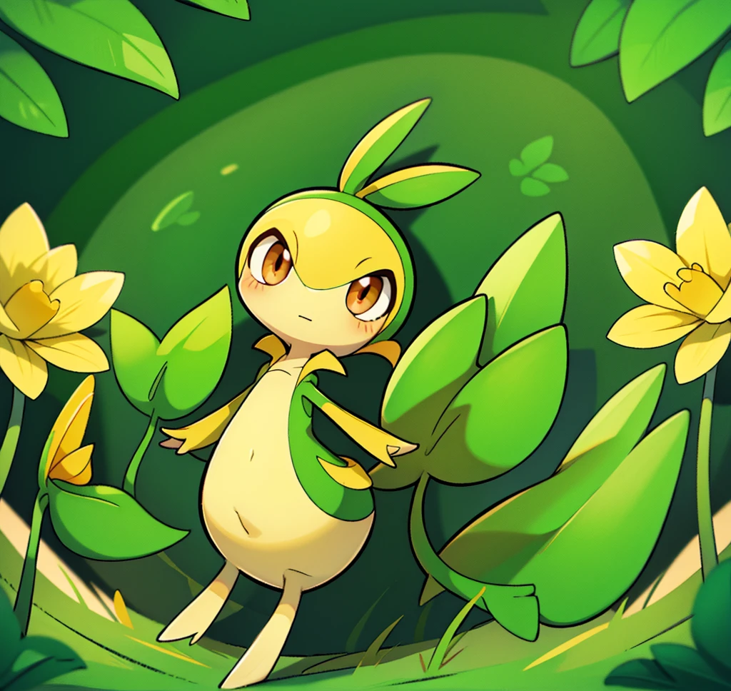 Snivy in a flower field, good lighting, dagasi art style