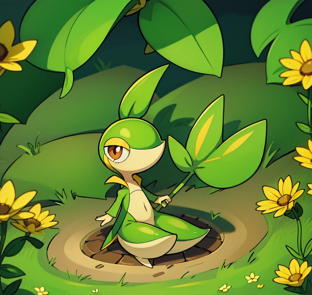 Snivy in a flower field, good lighting, dagasi art style