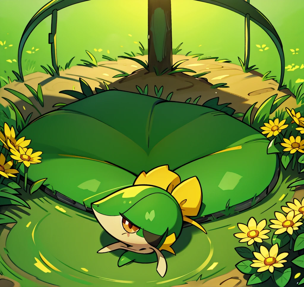 Snivy in a flower field, good lighting, dagasi art style