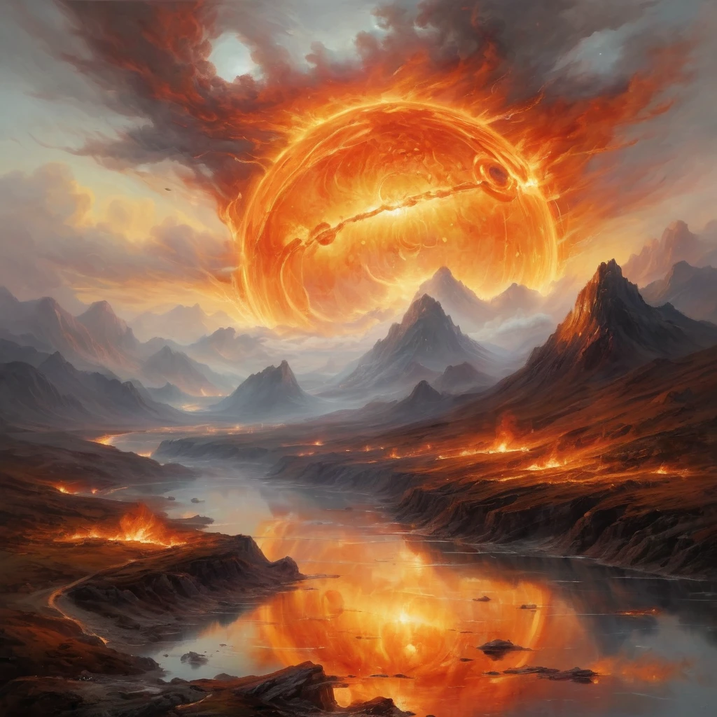 A dramatic, emotional depiction of the fiery sphere and landscape, with emphasis on the sublime and awe-inspiring aspects of nature.