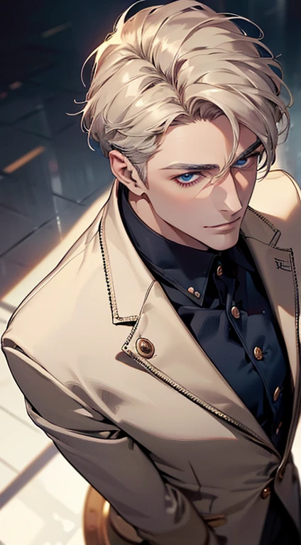 (best quality, masterpiece, 8K, photorealistic, cinematic lighting, 1:4 hdr image, top view, ultra detailed, beautiful image), a mature man, very handsome, short grey golden hair, blue eyes, perfect face without errors , ((buttoning his jacket, CEO)), smile in love.
