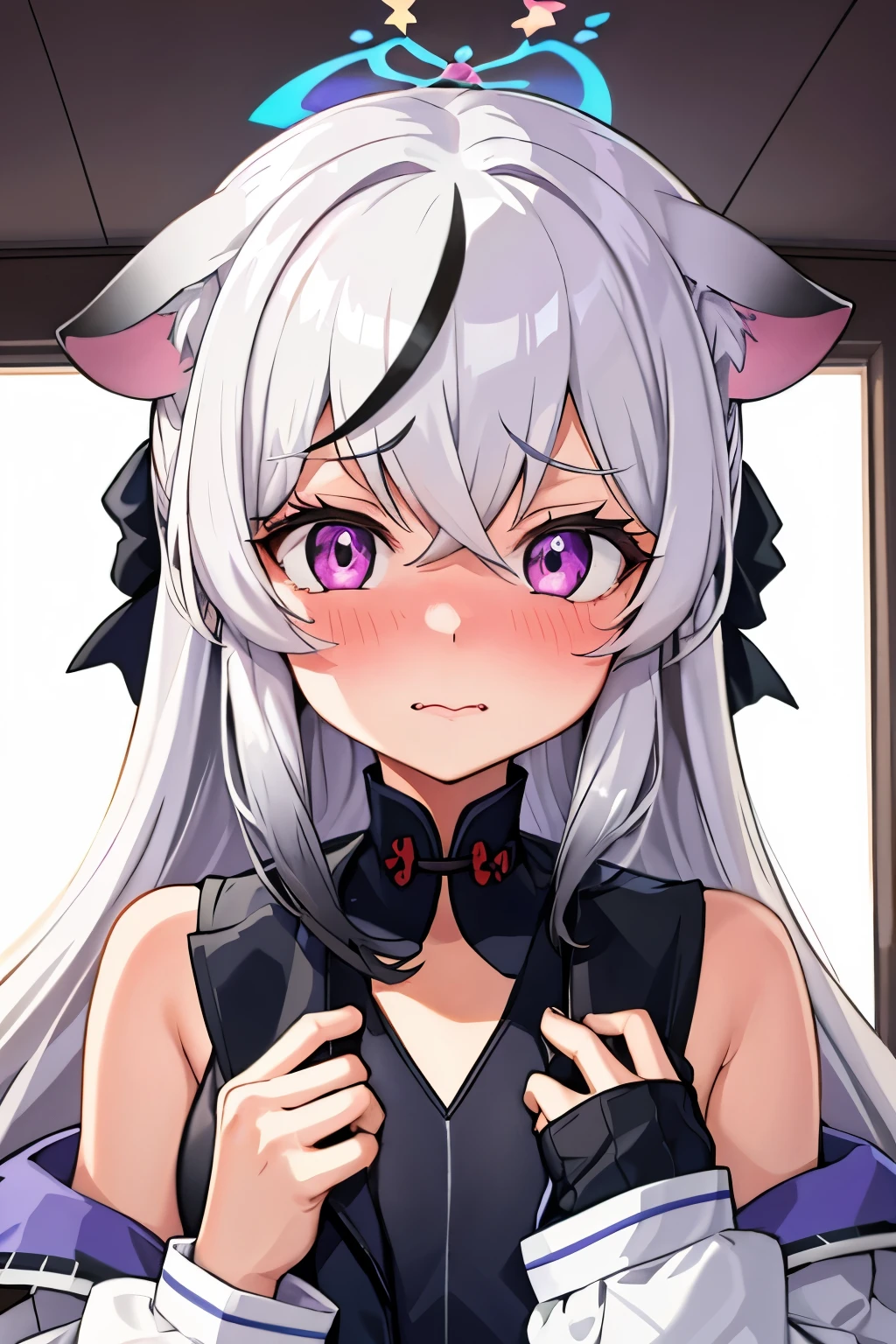 1girl, kokona, indoors, purple eyes, white hair, :3 mouth, embarrassed, beautiful eyes, beautiful lips, shiny lips, extremely detailed eyes and face, long eyelashes, close-up, warm lighting, vibrant colors, looking at the viewer, embarrassed look, blush, Winter suit, winter wonder