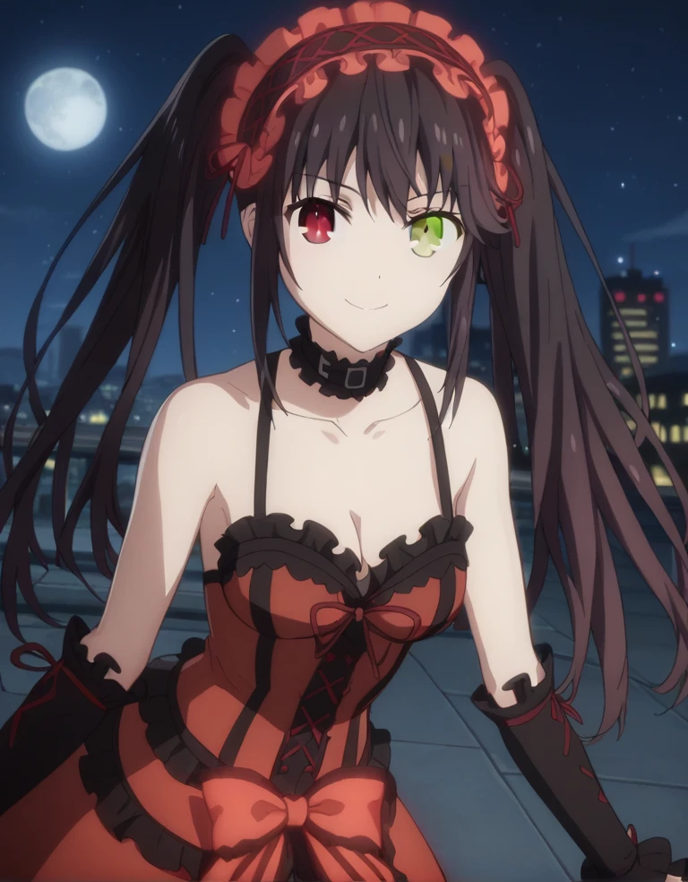 score_9, score_8_up, score_7_up, source_anime,
kurumitokisaki, kurumi tokisaki, black hair, red eyes, long hair,
twintails, yellow eyes, hairband, heterochromia, dress, red dress, bare shoulders, collarbone, choker, bowtie, red bowtie, detached sleeves, corset, frills, cleavage,outdoors, cityscape, night, moon, starry sky, bent over, smile,
looking at viewer, solo, cowboy shot, dutch angle,