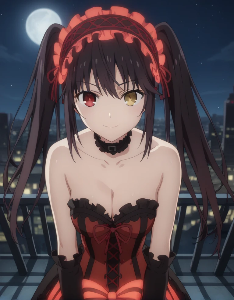 score_9, score_8_up, score_7_up, source_anime,
kurumitokisaki, kurumi tokisaki, black hair, red eyes, long hair,
twintails, yellow eyes, hairband, heterochromia, dress, red dress, bare shoulders, collarbone, choker, bowtie, red bowtie, detached sleeves, corset, frills, cleavage,outdoors, cityscape, night, moon, starry sky, bent over, smile,
looking at viewer, solo, cowboy shot, dutch angle,