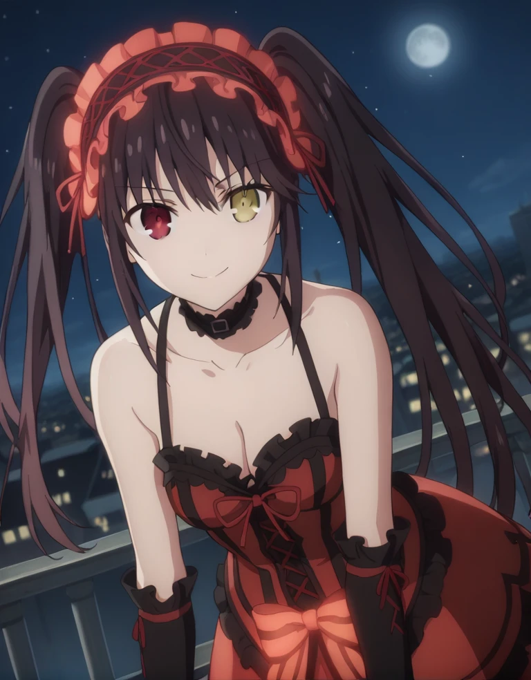 score_9, score_8_up, score_7_up, source_anime,
kurumitokisaki, kurumi tokisaki, black hair, red eyes, long hair,
twintails, yellow eyes, hairband, heterochromia, dress, red dress, bare shoulders, collarbone, choker, bowtie, red bowtie, detached sleeves, corset, frills, cleavage,outdoors, cityscape, night, moon, starry sky, bent over, smile,
looking at viewer, solo, cowboy shot, dutch angle,