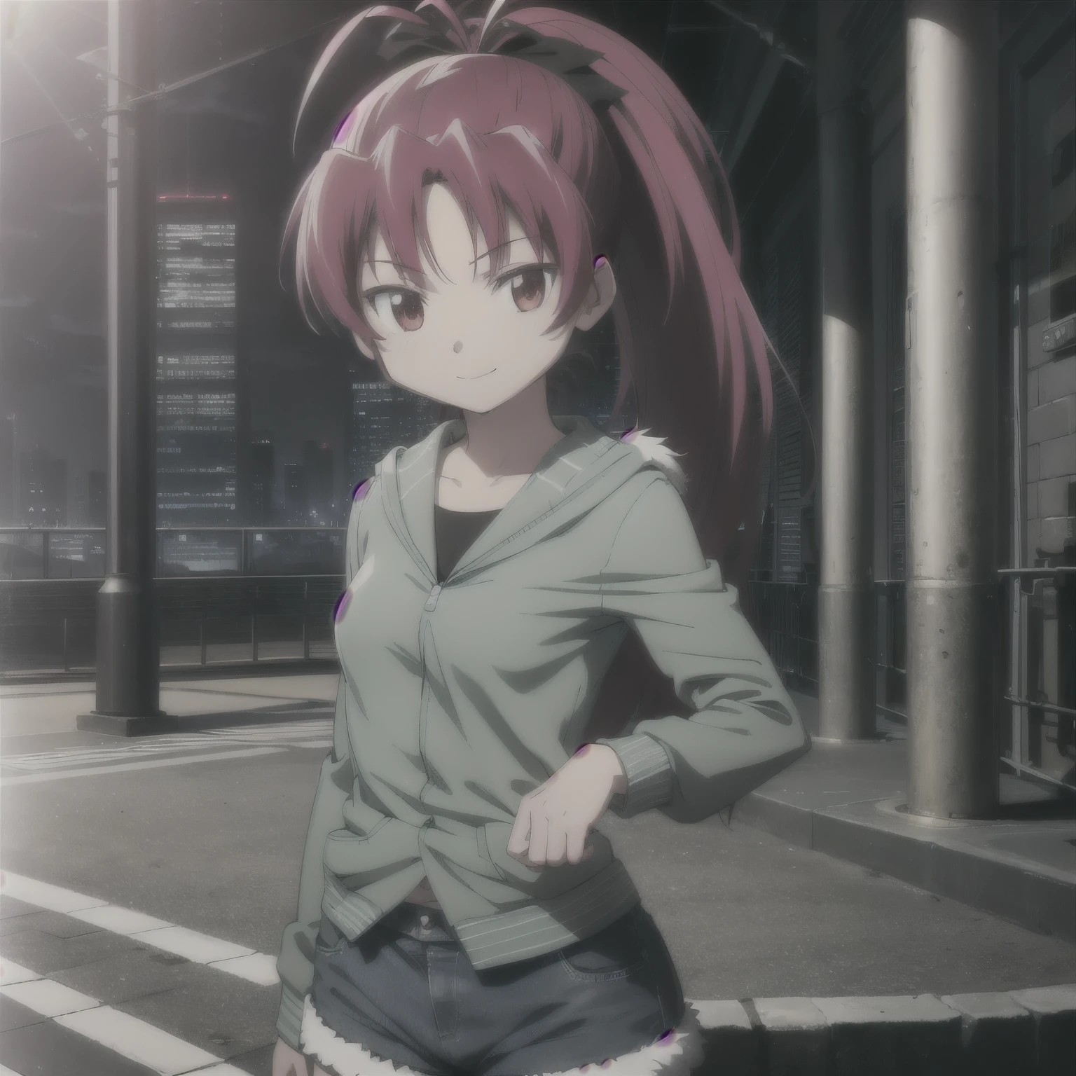((masterpiece)),(best quality),official art,extremely detailed CG,unity 8k wallpaper,ultra detailed,beautiful detailed eyes,extremely detailed face,city,1girl,solo,upper body,looking at viewer,facing viewer,smile,antenna hair,long_hair,red_hair,hair_bow,high_ponytail,sidelocks,bangs,red_eyes,light green hoodie,small breasts,denim_shorts,fur-trimmed shorts,boots,black footwear,