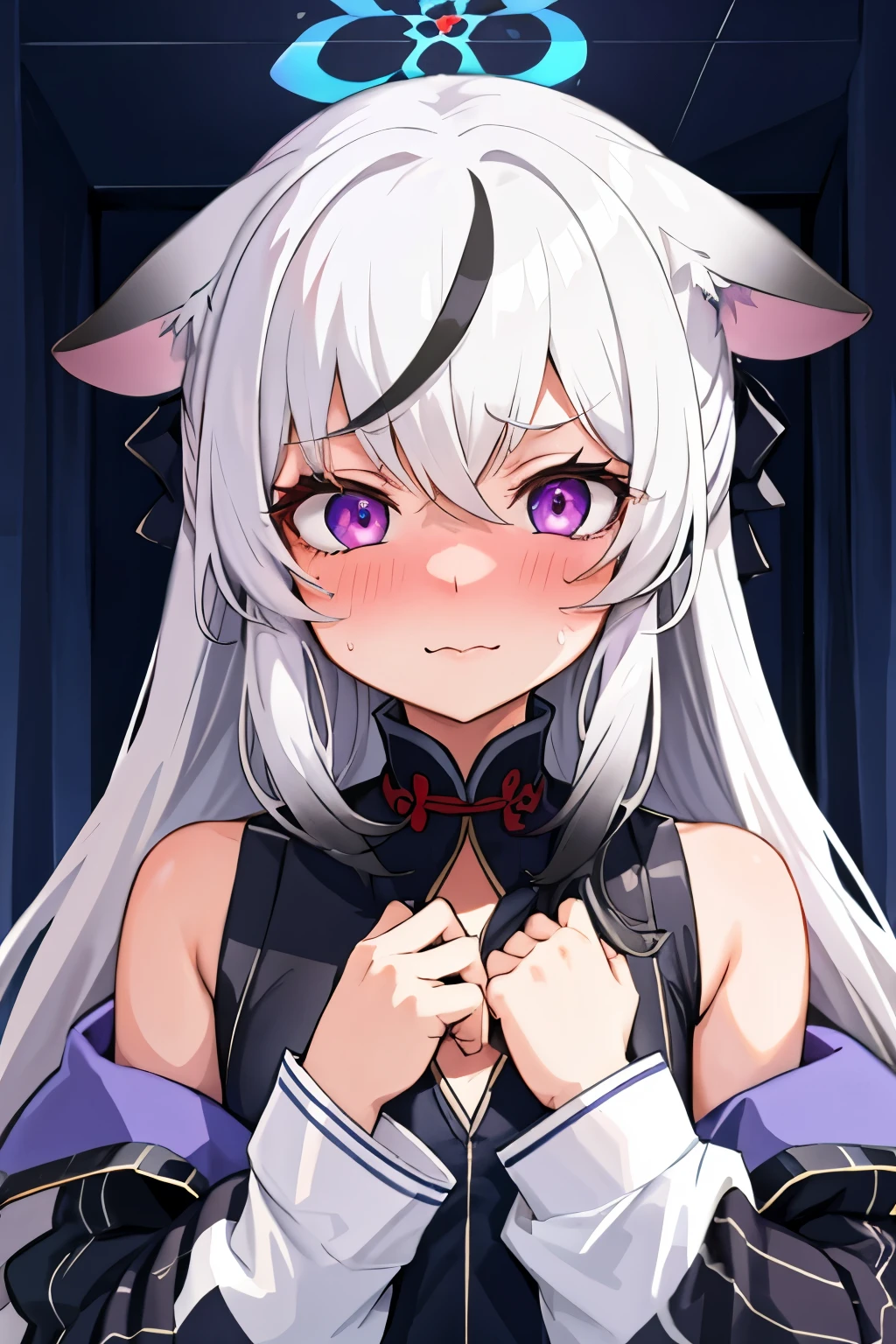 1girl, kokona, indoors, purple eyes, white hair, :3 mouth, embarrassed, beautiful eyes, beautiful lips, shiny lips, extremely detailed eyes and face, long eyelashes, close-up, warm lighting, vibrant colors, looking at the viewer, embarrassed look, blush, Winter suit, winter wonder