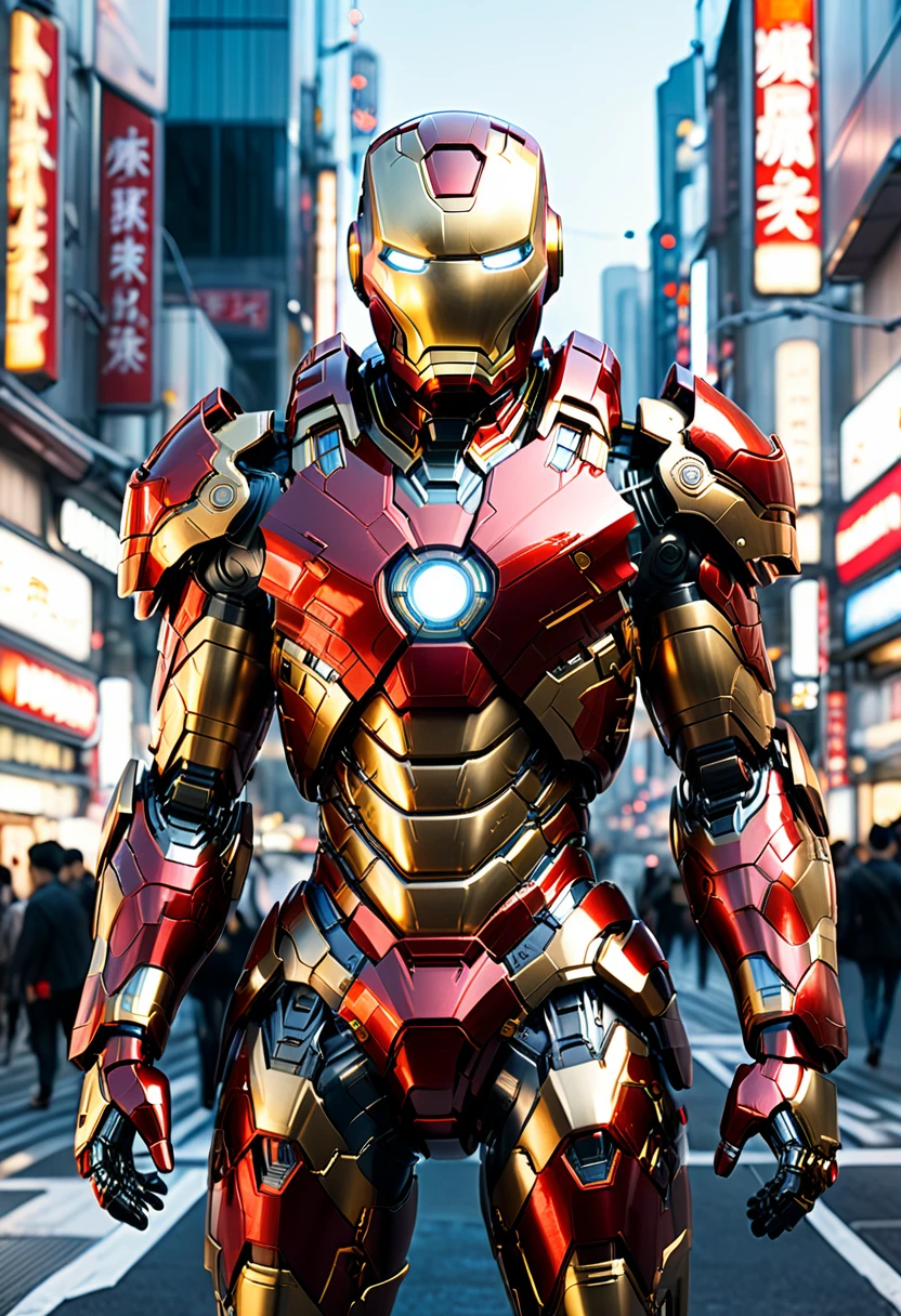 a highly detailed futuristic Iron Man mech, red and gold sci-fi armor, wearing a futuristic mech suit, full body shot, in a futuristic Tokyo city, detailed mechanical parts, advanced technology, glowing energy effects, dynamic pose, cinematic lighting, photorealistic, 8k, sharp focus, highly detailed, intricate design, 1girl