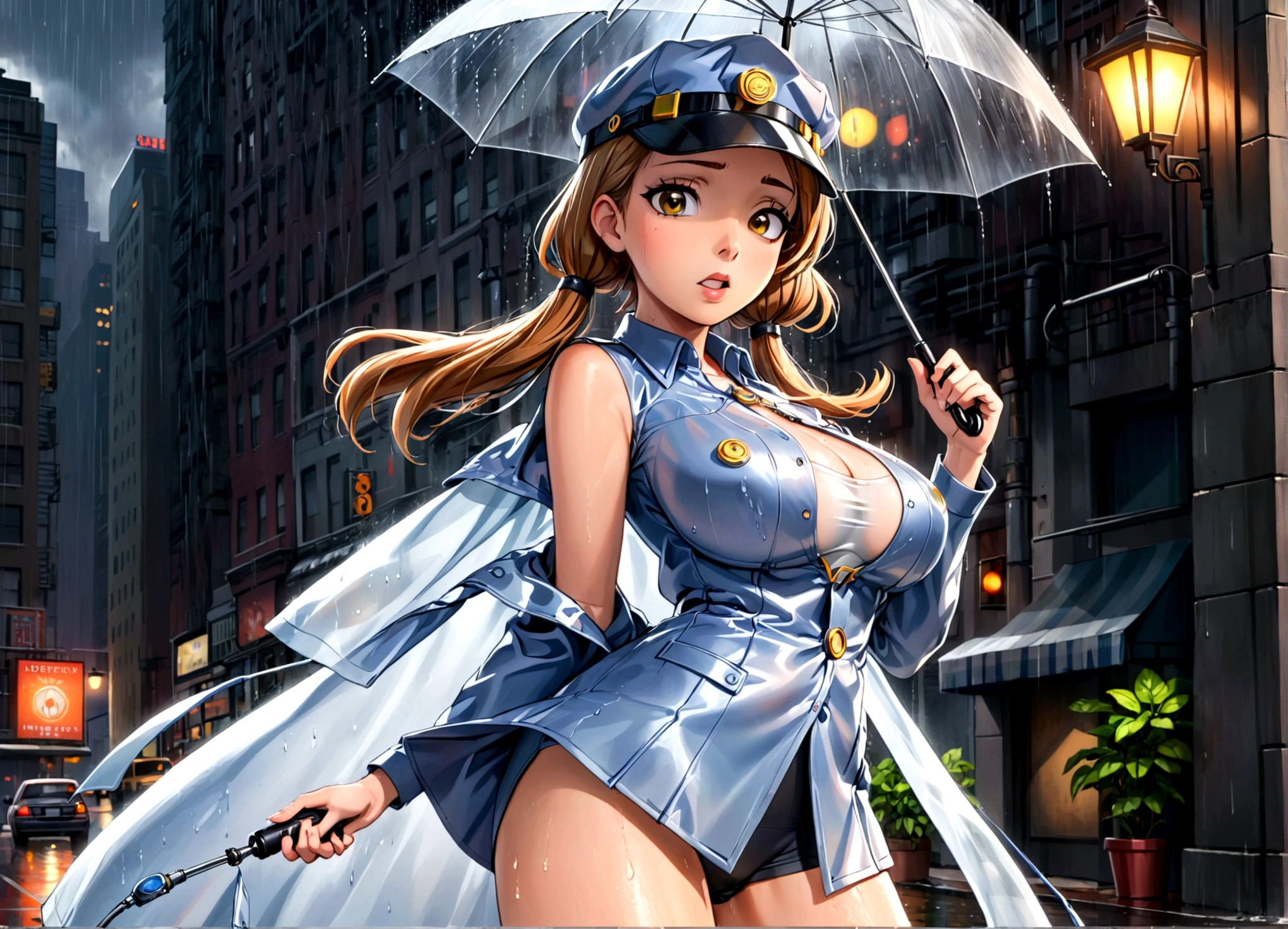 A female version of Inspector Gadget (cute sexy inspector 2 piece outfit, detective hat that has opened at the top and extended a robot arm holding an umbrella), downpour rain, new york