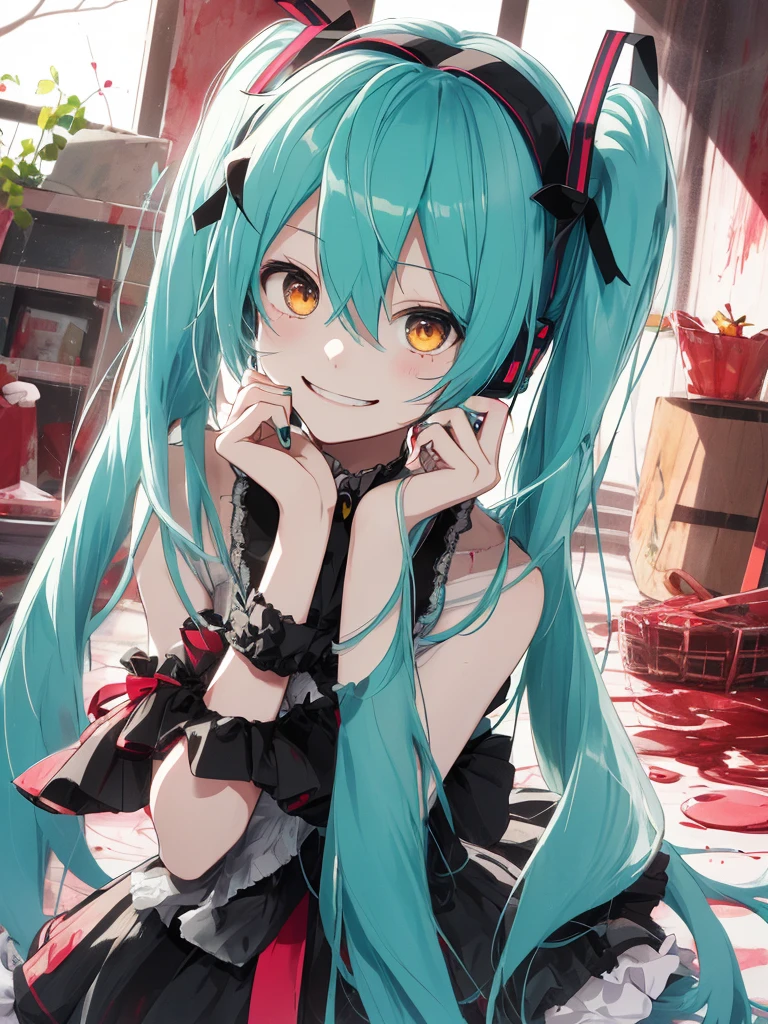 hatsune miku, yandere, blood, cute, cat ears, smiling, yelow eyes