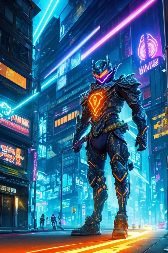 A mythical urso ninja stands poised in a neon-lit, dystopian metropolis, rendered in stunning 4K resolution, blending ancient legend with futuristic cyberpunk flair. The ninja's ornate, high-tech armor glows with a mesmerizing iridescent sheen, as intricate circuitry and glowing accents dance across the metallic surface. The dragon's scales shimmer in hues of indigo, violet, and electric blue, while neon accents pulse in fiery oranges and greens, casting an otherworldly glow across the surrounding urban landscape, exuding a sense of cutting-edge, cinematic grandeur.