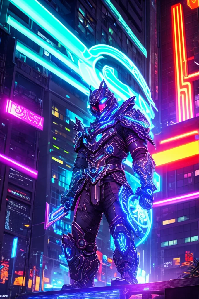 A mythical urso ninja stands poised in a neon-lit, dystopian metropolis, rendered in stunning 4K resolution, blending ancient legend with futuristic cyberpunk flair. The ninja's ornate, high-tech armor glows with a mesmerizing iridescent sheen, as intricate circuitry and glowing accents dance across the metallic surface. The dragon's scales shimmer in hues of indigo, violet, and electric blue, while neon accents pulse in fiery oranges and greens, casting an otherworldly glow across the surrounding urban landscape, exuding a sense of cutting-edge, cinematic grandeur.