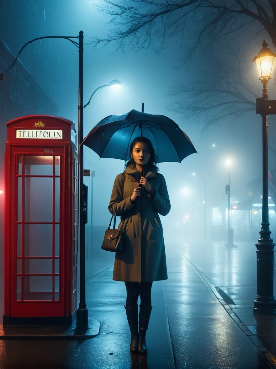 1girl, 独奏, rain, fog, cold, Dull, , phone  booth, bus stop, night, Street Lights, The dim light shines in the fog,and the figure stands in the fog holding an umbrella, (clair obscur, cinematic lighting, drop shadow, film grain, anatomically correct, accurate, award winning, highres, 8K)