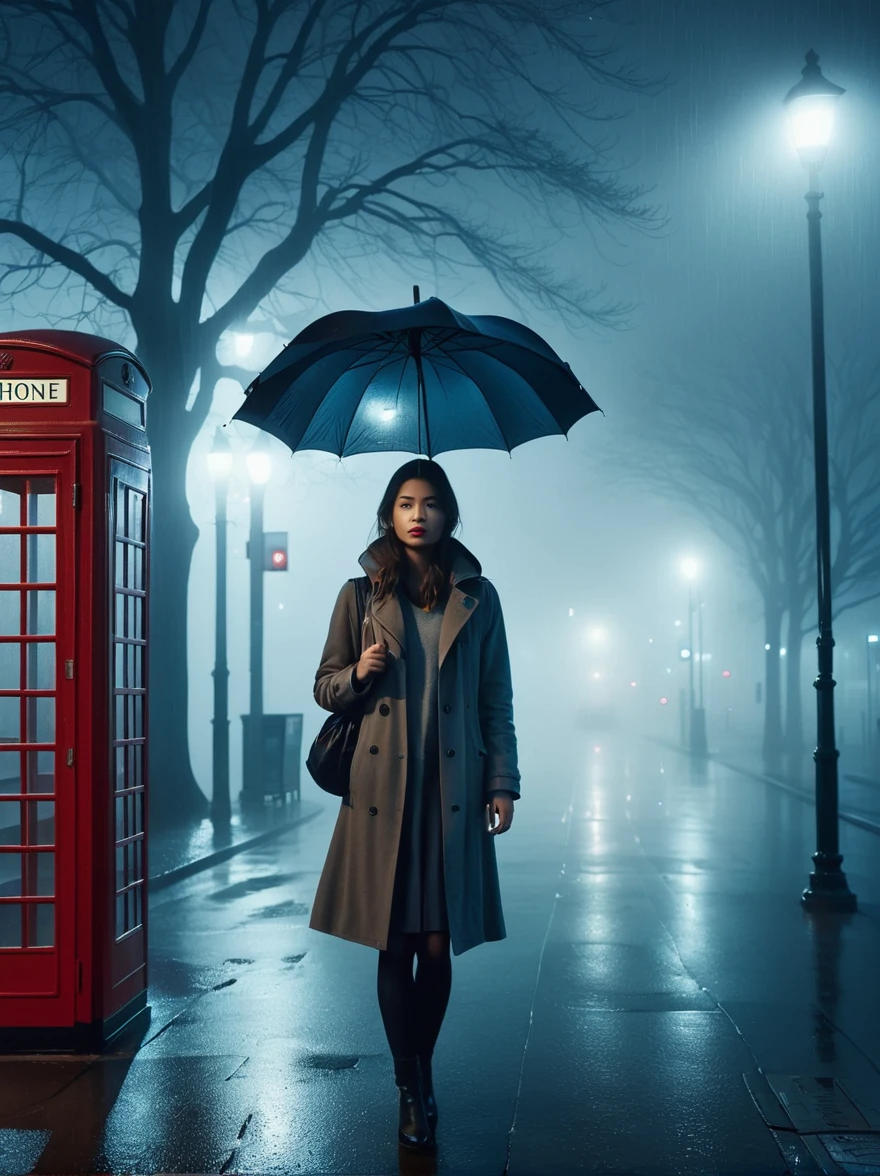 1girl, 独奏, rain, fog, cold, Dull, , phone  booth, bus stop, night, Street Lights, The dim light shines in the fog,and the figure stands in the fog holding an umbrella, (clair obscur, cinematic lighting, drop shadow, film grain, anatomically correct, accurate, award winning, highres, 8K)