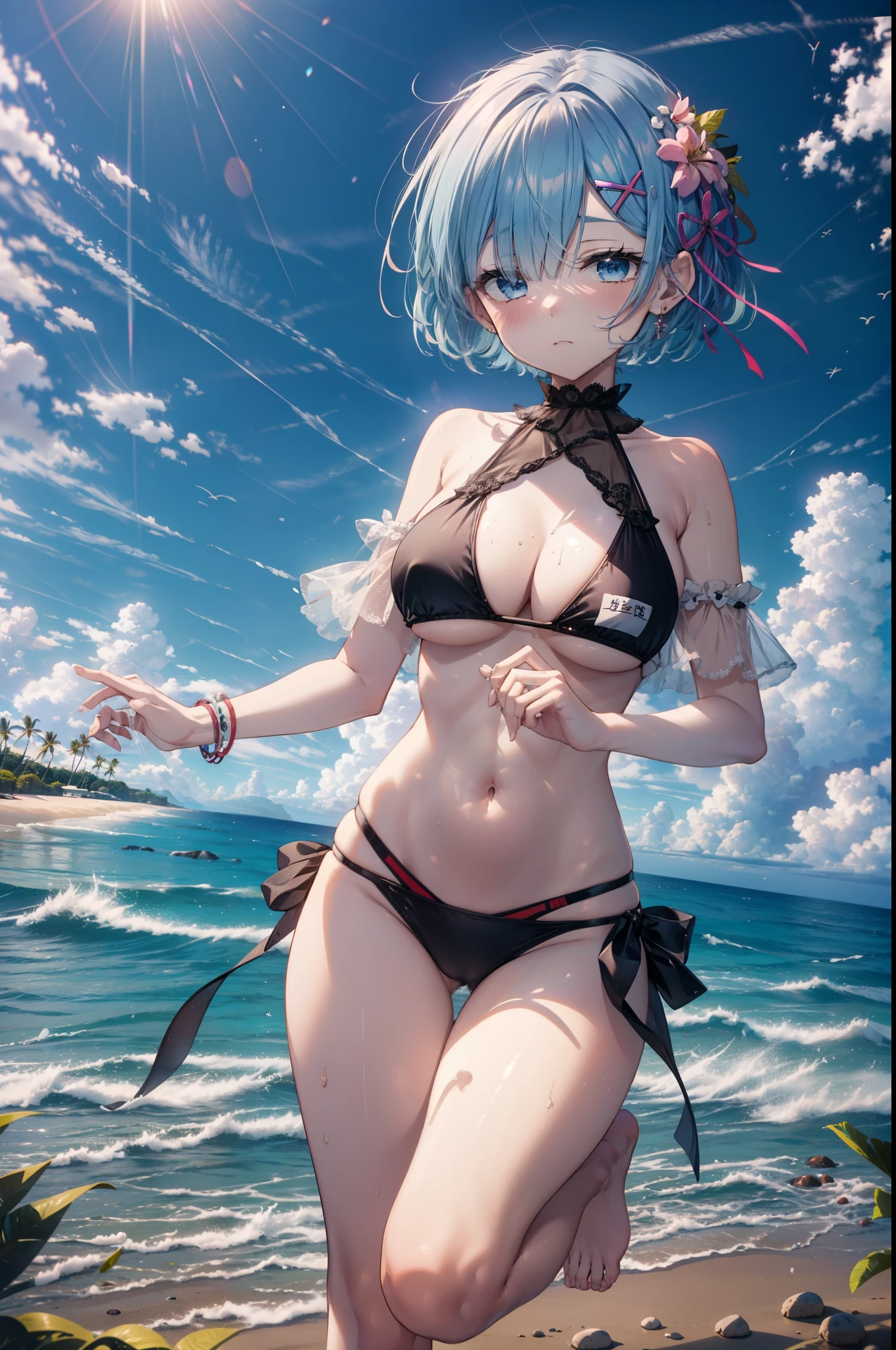 rezeroRem, Rem, blue eyes, Blue Hair, hair ornaments, Hair on one eye, hair ribbon, short hair, x hair ornaments,Bikini Swimwear,barefoot,
(Beach salon), (Beautiful big boobs:1.3), ((salon)), Beach outfit, Dynamic pose, Professional photography, View from below,Sandy Beachで散歩している,whole bodyがイラストに入るように,Walking,
break outdoors, Beach,Sandy Beach,
break looking at viewer, whole body,
break (masterpiece:1.2), Highest quality, High resolution, unity 8k wallpaper, (figure:0.8), (Beautiful attention to detail:1.6), extRemely detailed face, Perfect lighting, extRemely detailed CG, (Perfect hands, Perfect Anatomy),