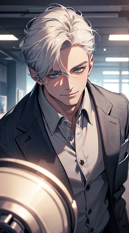 (best quality, masterpiece, 8K, photorealistic, cinematic lighting, 1:4 hdr image, top view, ultra detailed, beautiful image), a mature man, very handsome, short grey white hair, blue eyes, perfect face without errors , ((buttoning his jacket, CEO)), smile in love.