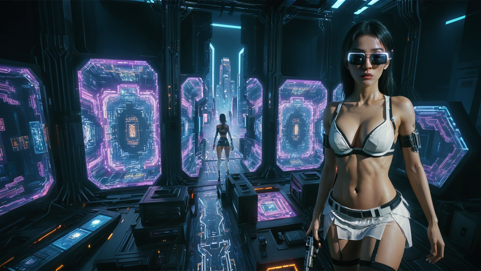 Cyberpunk female plagiarist immersed in digital theft, neon-lit alias within a vast online labyrinth, grotesque grunge brushing into surrealism, illuminated by kaleidoscopic volumetric light, a detailed masterpiece reminiscent of Moebius' distinctive style, deep focus, heightened depth field, psychedelic undertones amplified in a cinematic shot, (((((aerial view of cyberpunk city at night))))), (((((1girl, solo, alone))))), photo realistic, (((((large-breast:1.4 slim body, cleavage:1.4))))), (((off broken mini sling-shirt and black sling bra, (((extreamly short white pleated miniskirt, micro panty)))))), (((((running pose))))), (((((((matrix style black micro sunglasses))))))), ((((((((((aiming with a short gun)))))))))), (((((looking at camera))))), (((very low view))), (((((half-body thigh level medium shot))))), (((cinematic lighting))).