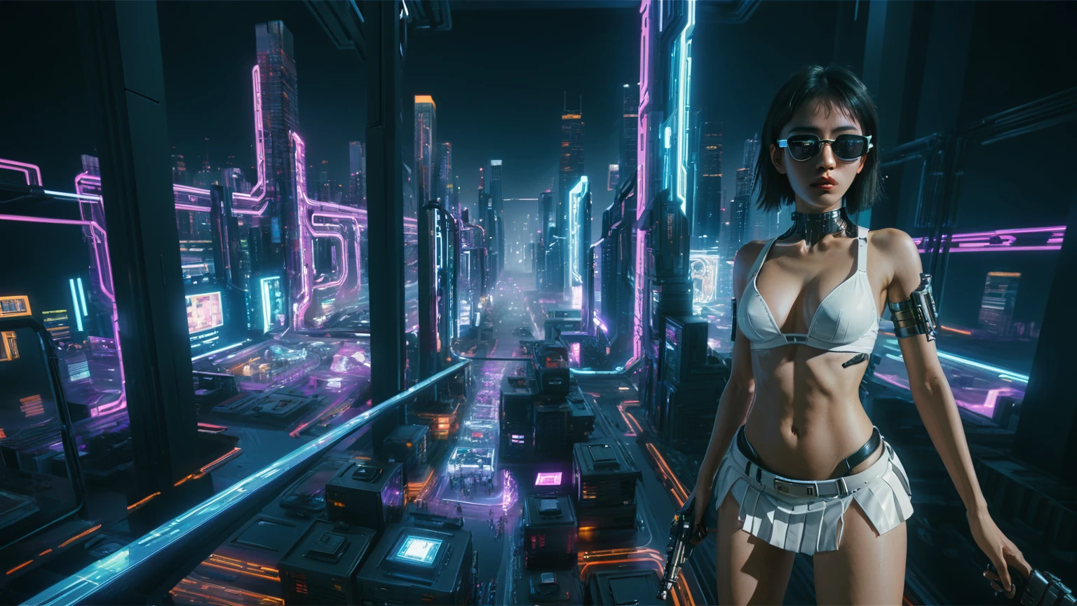 Cyberpunk female plagiarist immersed in digital theft, neon-lit alias within a vast online labyrinth, grotesque grunge brushing into surrealism, illuminated by kaleidoscopic volumetric light, a detailed masterpiece reminiscent of Moebius' distinctive style, deep focus, heightened depth field, psychedelic undertones amplified in a cinematic shot, (((((aerial view of cyberpunk city at night))))), (((((1girl, solo, alone))))), photo realistic, (((((large-:1.4 slim body, cleava))), (((off broken mini sling-shirt and black sling bra, (((extreamly short white pleated miniskirt, micro panty)))))), (unning pose))))), (((((((matrix style black micro sunglasses))))))), ((((((((((aiming with a short gun)))))))))), (((((looking at camera))))), (((very low view))), (((((half-body thigh level medium shot))))), (((cinematic lighting))).