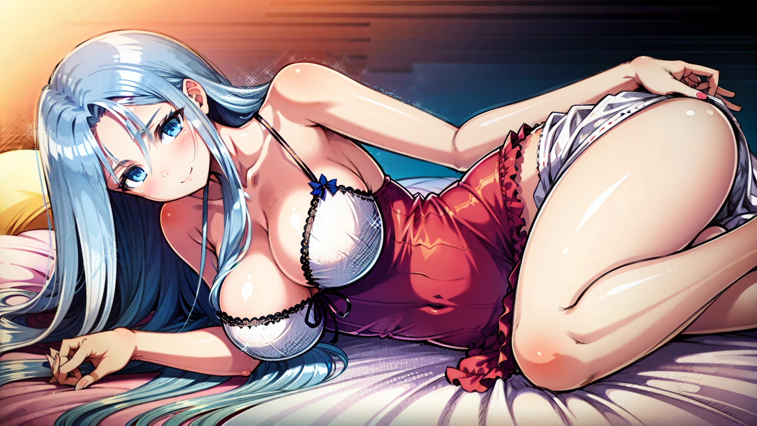 (((1 girl))), ((detailed blue eyes)), ((long silver hair)), large breasts, curvy hips, perfectly drawn body, seductive smile, nightgown, laying on a bed, best quality, masterpiece, ultra-detailed