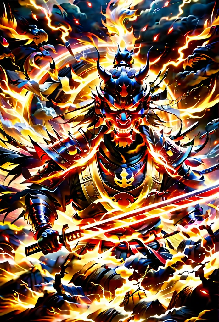 (demon samurai)、(Wearing a demon mask)solo man, glowing red eyes、Like the whole body、(cyborg Armed with a long sharp knife)、Stand facing the front,magnificent artwork、((Kyoto Panel Painting Style))、Wind-effect:1.9、Cloud Effects:1.2、Full Rendering、Encaustic Painting,unrealengine,