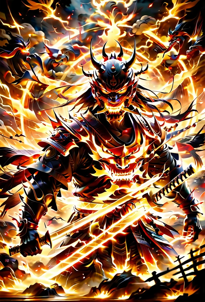 (demon samurai)、(Wearing a demon mask)solo man, glowing red eyes、Like the whole body、(cyborg Armed with a long sharp knife)、Stand facing the front,magnificent artwork、((Kyoto Panel Painting Style))、Wind-effect:1.9、Cloud Effects:1.2、Full Rendering、Encaustic Painting,unrealengine,