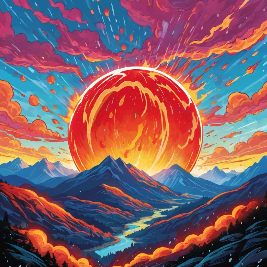 A bright, colorful depiction of a fiery sphere in the sky and mountains, with bold outlines and vibrant, comic book-style colors. The fiery rain is stylized and exaggerated.
