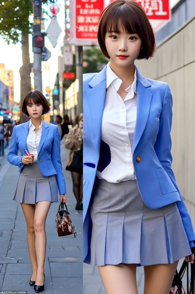 a 18 year old face of the most beautiful actress in the world, the perfect body proportions of a female, blazer is worn with formal shirt on female upper body, shirt skirt is worn with panties on female lower body, panties between bare legs under short skirt are seen just a little, the short hair cut of a female is just like male one, standing, at the city street, nsfw, best quality, highly detailed, masterpiece, ultra high res, photo realistic, 8k