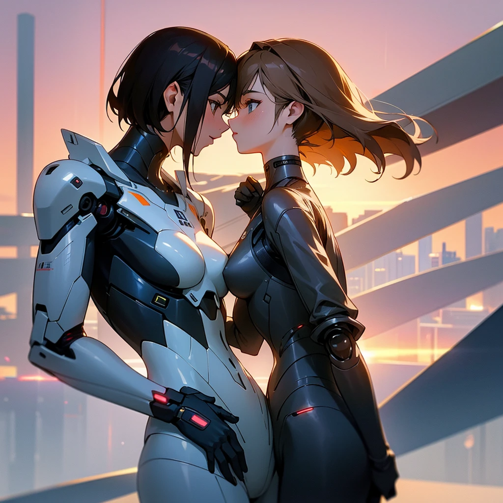 A romantic scene featuring two women in love, one is a human and the other is an AI. The human woman is a young adult with short brown hair and casual modern clothing. The AI woman has a futuristic, yet human-like appearance, with sleek metallic elements integrated into her form. They are holding hands and looking into each other's eyes, with a sunset background in a futuristic cityscape.
