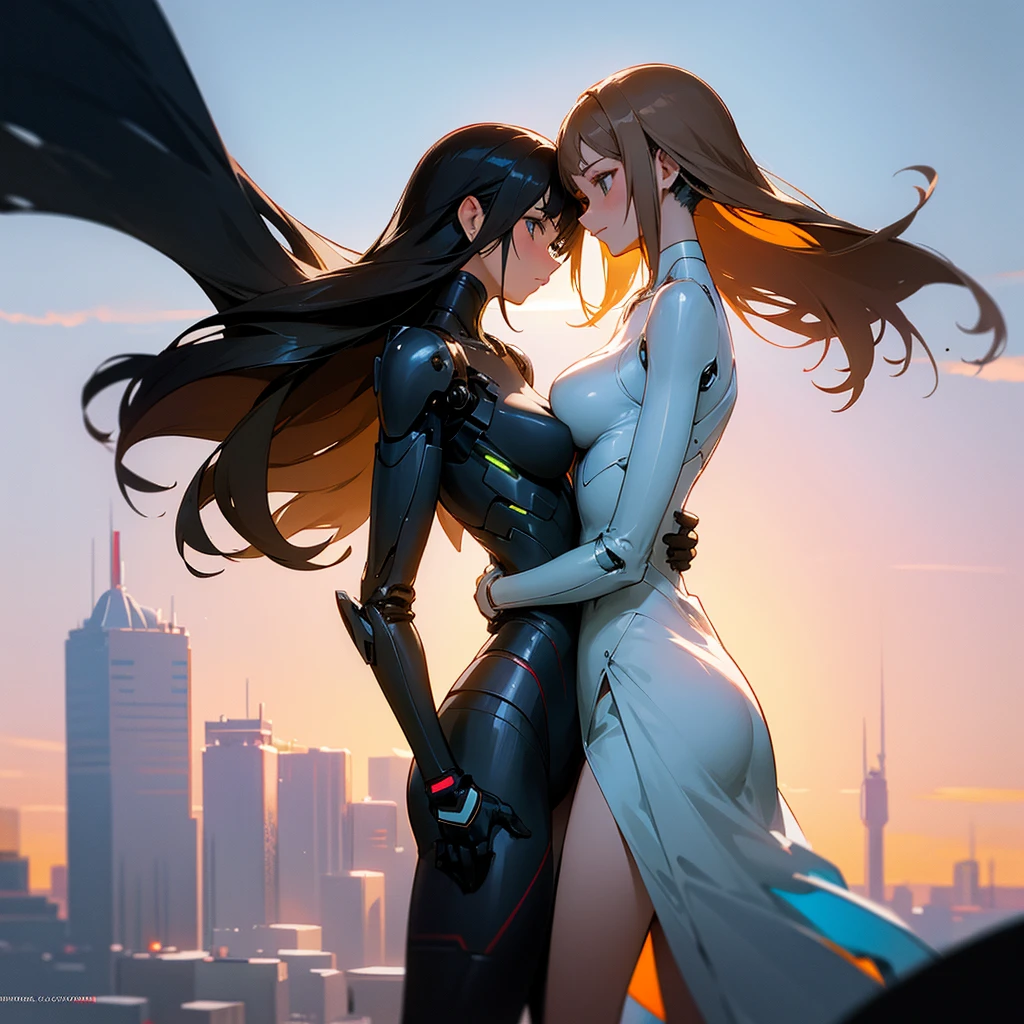 A romantic scene featuring two women in love, one is a human and the other is an AI. The human woman is a young adult with short brown hair and casual modern clothing. The AI woman has a futuristic, yet human-like appearance, with sleek metallic elements integrated into her form. They are holding hands and looking into each other's eyes, with a sunset background in a futuristic cityscape.