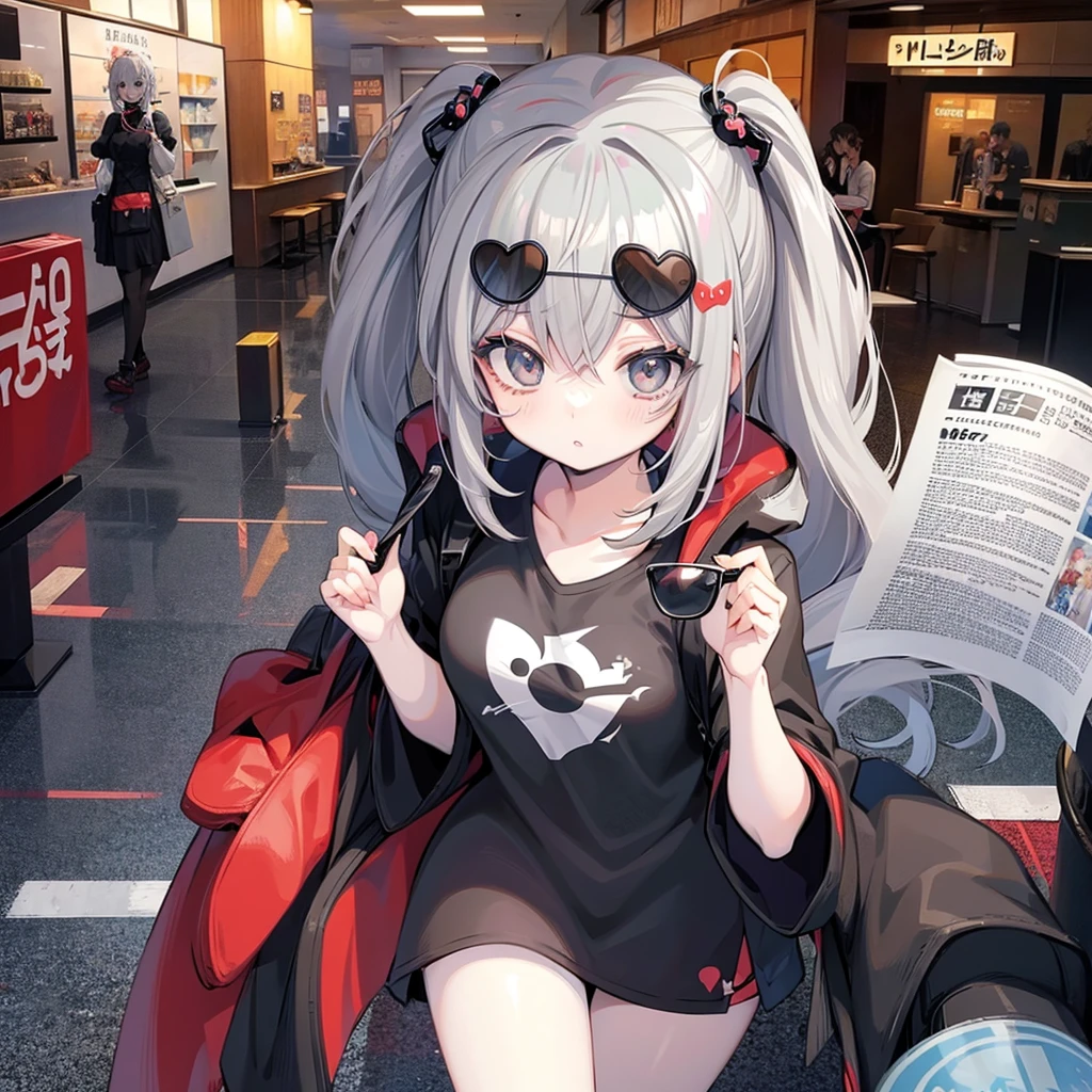 Wear sunglasses、Anime girl with a newspaper in front of her, Young woman anime visual, Cute girl anime visuals, style of madhouse anime, Gray-haired少女, Anime atmosphere, junko enoshima, Gray-haired lady, perfect Gray-haired girl, Gray-haired, Aesthetic award winning anime, Anime Styleに, Anime Style, Anime characters、In a completely different expression