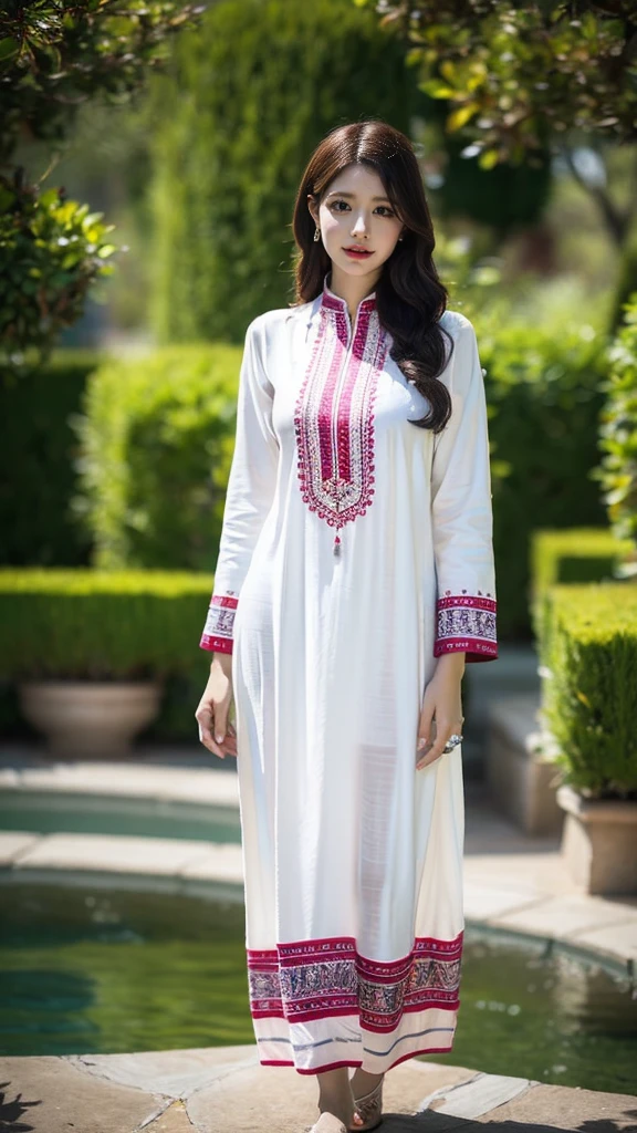 (((HD photo))), ultra high res.photorealistic:. 1.4, UHD a woman in a beautiful garden, wearing a traditional shalwar kameez dress, standing gracefully with a serene expression. The woman has almond-shaped eyes with long eyelashes and perfectly shaped eyebrows. Her lips are full and delicately detailed, adding to her beauty. The shalwar kameez dress is made of fine silk fabric with intricate embroidery, displaying vibrant colors and patterns. The garden is filled with blooming flowers, lush green trees, and a tranquil pond. The sunlight gently filters through the foliage, casting a warm and soft glow on the scene. The image is of the highest quality, with ultra-detailed textures and realistic rendering. The colors are vivid and vibrant, creating a visually stunning masterpiece.