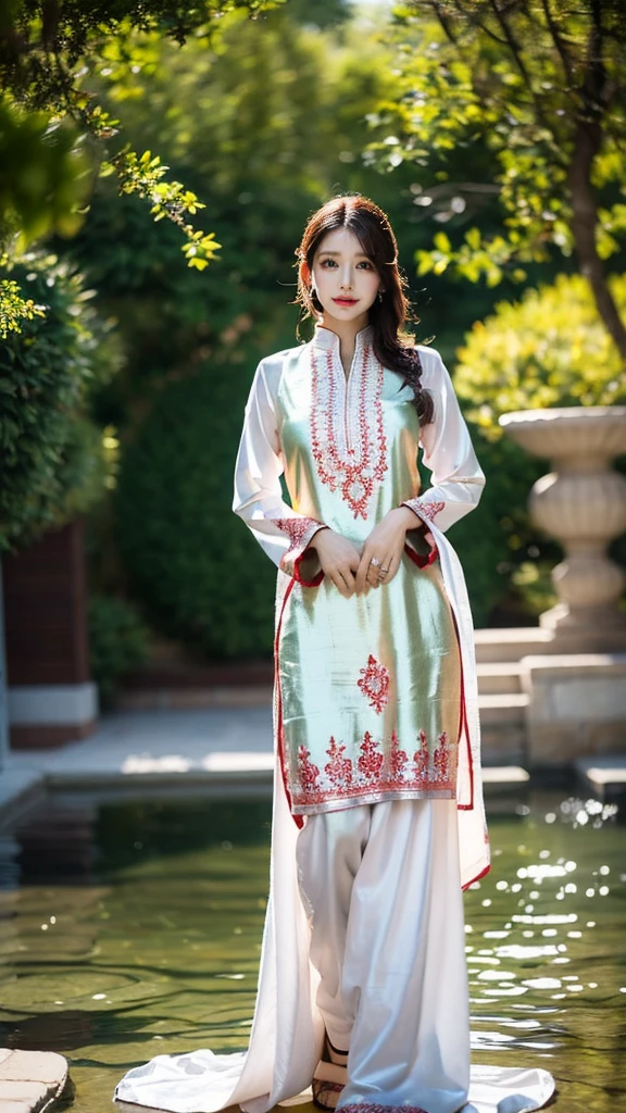 (((HD photo))), ultra high res.photorealistic:. 1.4, UHD a woman in a beautiful garden, wearing a traditional shalwar kameez dress, standing gracefully with a serene expression. The woman has almond-shaped eyes with long eyelashes and perfectly shaped eyebrows. Her lips are full and delicately detailed, adding to her beauty. The shalwar kameez dress is made of fine silk fabric with intricate embroidery, displaying vibrant colors and patterns. The garden is filled with blooming flowers, lush green trees, and a tranquil pond. The sunlight gently filters through the foliage, casting a warm and soft glow on the scene. The image is of the highest quality, with ultra-detailed textures and realistic rendering. The colors are vivid and vibrant, creating a visually stunning masterpiece.