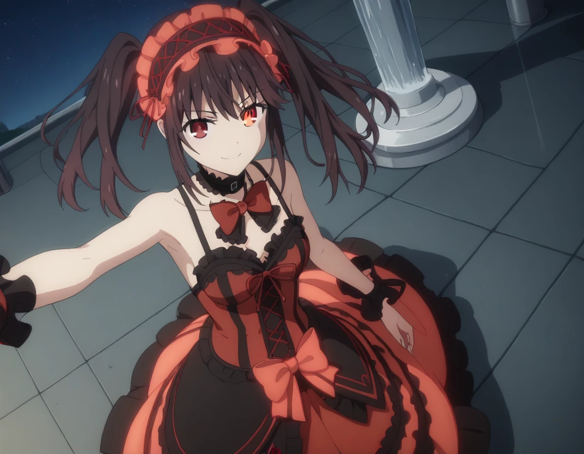 score_9, score_8_above, score_7_above, fountain_cheered up,
kurumitokisaki, kurumi tokisaki, black fur, Red eyes, wide,
two tails, yellow eyes, hair band, heterochromia, dress, red dress, bare shoulders, clavicle, choker, bow tie, red bow tie, separate sleeves, corset, steering wheels, neckline,
outdoor, urban landscape, evening, officer, starry sky, They are over, SMILE,
looking at the viewer, Alone, cowboy shot, dutch angle,