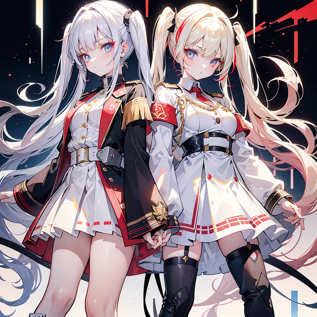 Two girls, one with beige hair and very red eyes, the other with white hair and blue eyes, pigtails, long hair, white background, colorful jewels, light, high quality, military uniform, standing back to back, fishnet stockings, platform boots