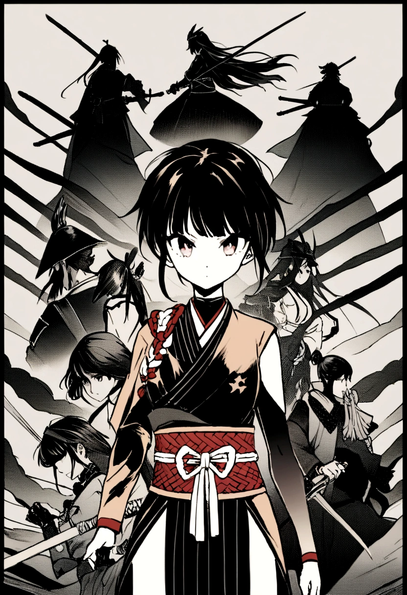 A style that combines traditional Japanese beauty with modern sensibilities.、A powerful and fantastical image。Fearless revolution and anti-war nation、Themes such as Samurai Warriors for Boys and Girls、A historical tale depicted by starlight。Elements of Sum、A girl in a Japanese combat uniform in front、Holding a sword、Many Stars々and its shadow