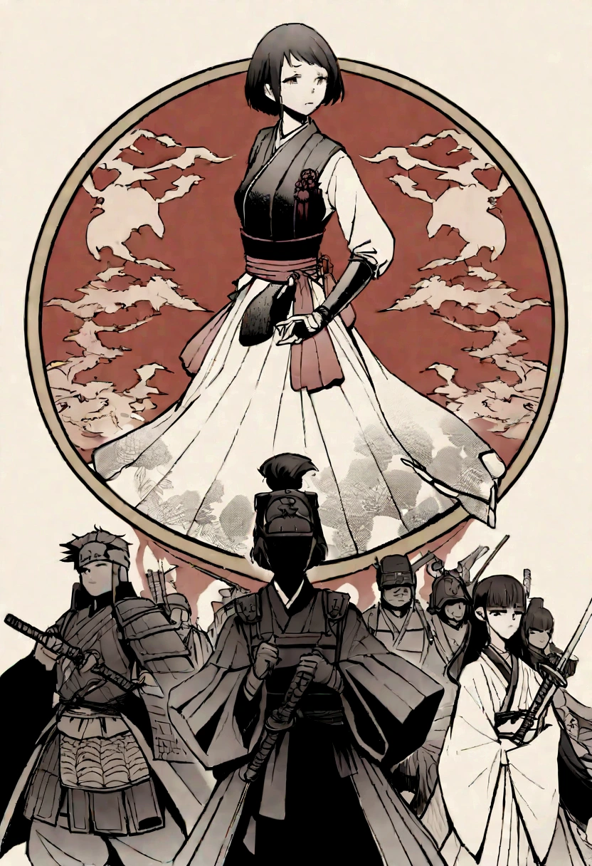 A style that combines traditional Japanese beauty with modern sensibilities.、A powerful and fantastical image。Fearless revolution and anti-war nation、Themes such as Samurai Warriors for Boys and Girls、A historical tale depicted by starlight。Elements of Sum、A girl in a Japanese combat uniform in front、Holding a sword、Many Stars々and its shadow