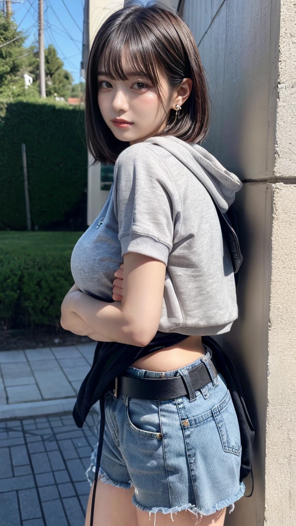masterpiece, best quality, illustration, Super detailed, fine details, High resolution, 8K,wall paper, perfect dynamic composition, full body photo, back view, leaning forward, crossed arms, (Details High quality, realistic depiction of eyes:1.3), 20 year old girl, Gravure Idol, cute type, large breasts, short bob hair, black hair color, Korean style makeup, Big Natural Color Lip, thick thighs, perfect body shape, plump figure, champion gray sweatshirt, denim short pants, Leather belt, necklace, earrings