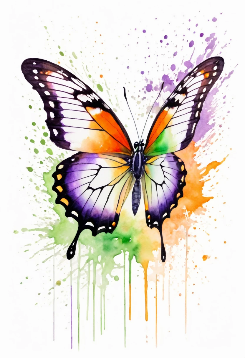 watercolor paint of a butterfly details of colors purple ,orange  and green pastels colors watercolor splash behind ,white background